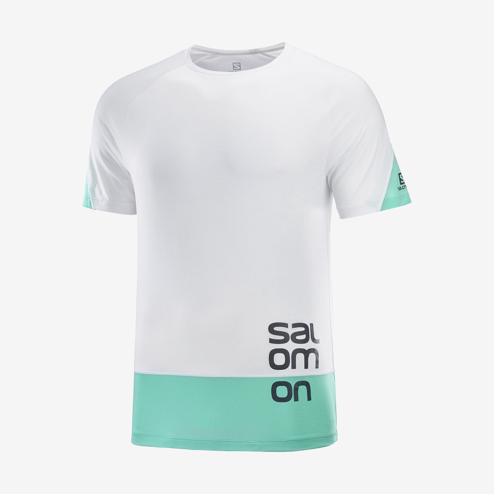 White / Blue Salomon Cross Run Men's Tops | VCKL56982