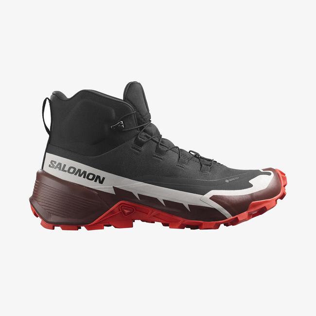 Black / Chocolate / Red Salomon Cross Hike Mid Gtx Men's Hiking Shoes | TWHK32804