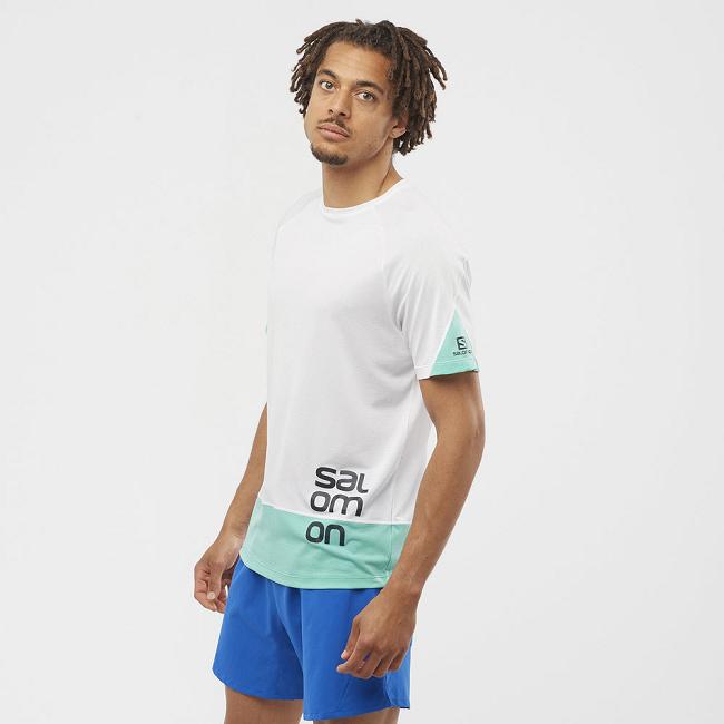 White / Blue Salomon Cross Run Men's Tops | VCKL56982